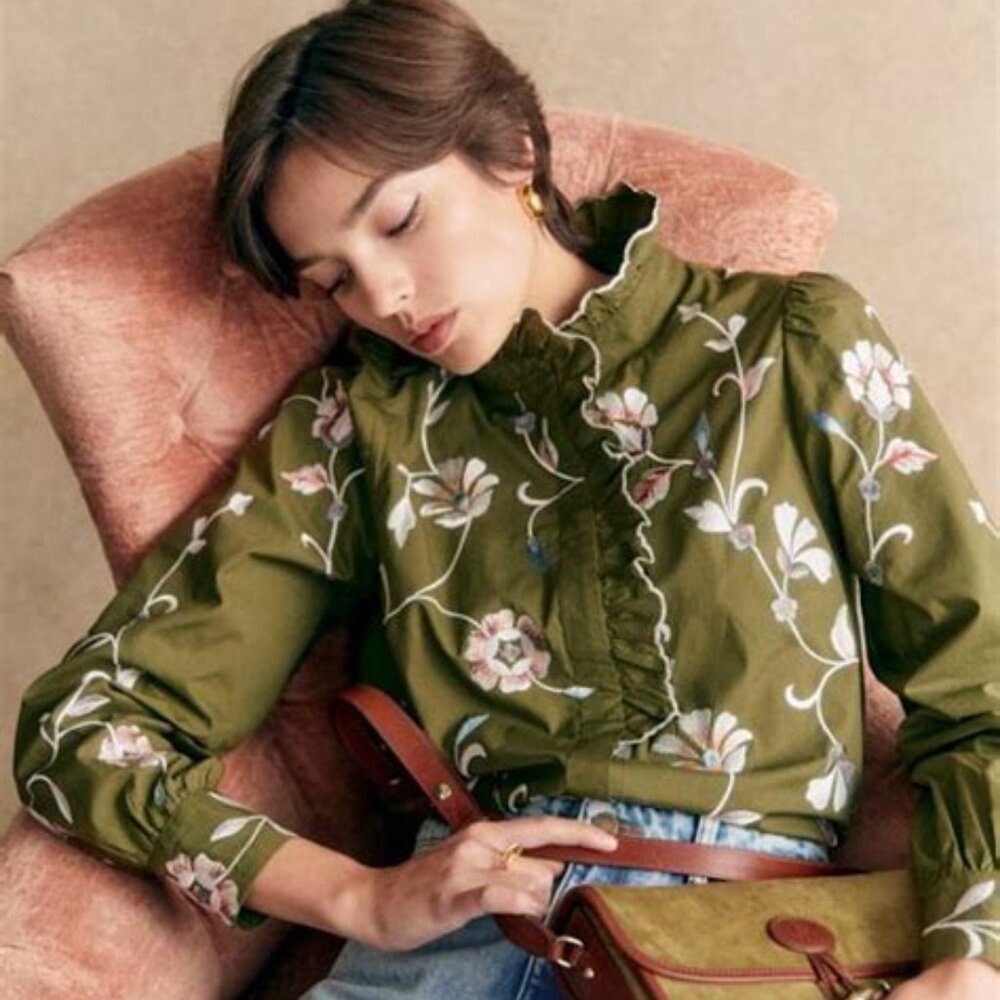 Sezane Coline blouse in olive green with embroidered flowers